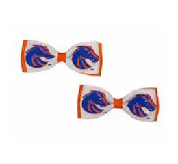 Two bow ties with the color of the university of colorado broncos.
