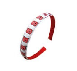 A red and white headband with a number on it.